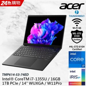 ACER TravelMate TMP614-53-74ED (i7-1355U/16G/1T PCIE/W11Pro/WUXGA/14)中古筆電